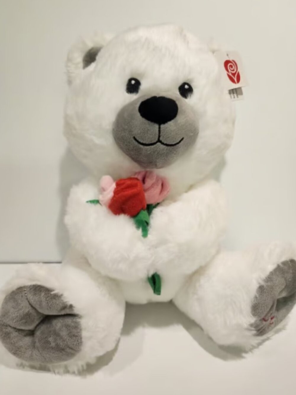 American Greetings White Plush Teddy Bear with red/pink roses Love on paw